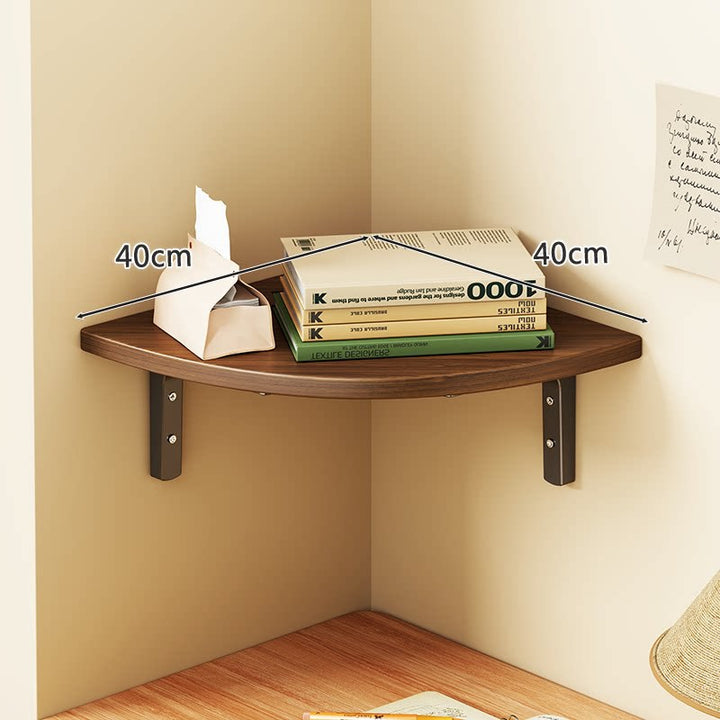 Corner Floating Wall Shelf with Curved Triangular Wooden Top and Heavy-Duty Metal Brackets
