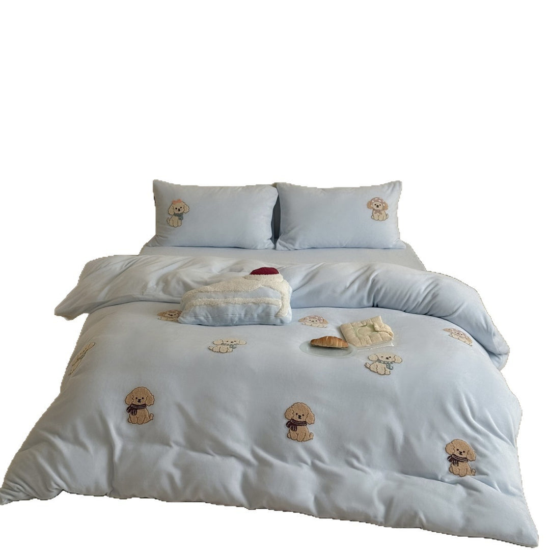 Cute Embroidered Puppy Cotton-Sateen Duvet Cover Set