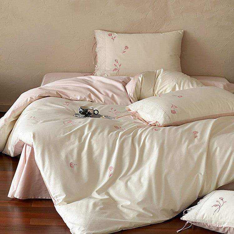 Embroidered Cotton Sateen Duvet Cover and Pillowcase Set with Lace Trim