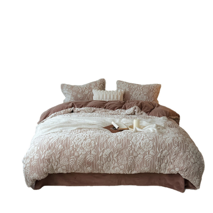 Embossed Plush Floral Quilted Reversible Duvet Cover Set with Matching Shams