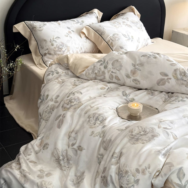 Luxury Watercolor Rose Sateen Duvet Cover Set with Satin-Back and Piped Shams
