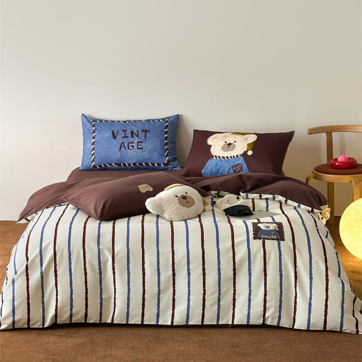 Plush Reversible Striped Fleece Duvet Cover Set with Embroidered Bear Patch