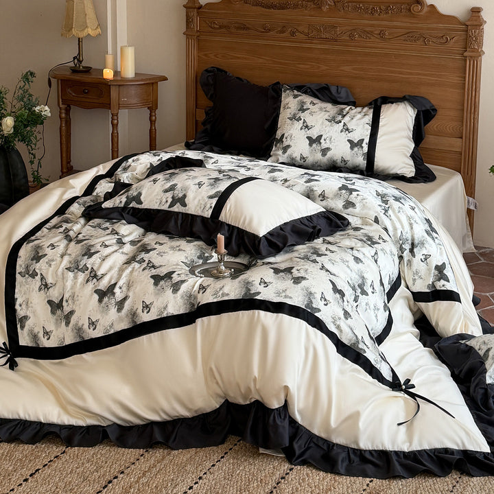 Butterfly-Illustration Ruffled Duvet Cover Set with Satin Ribbon Ties & Frilled Shams