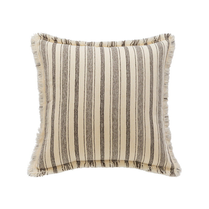 Square Woven Cotton Stripe Accent Pillow with Fringed Border and Removable Cover