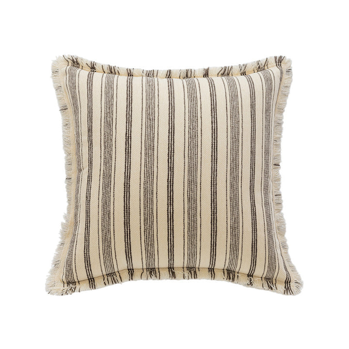 Square Woven Cotton Stripe Accent Pillow with Fringed Border and Removable Cover