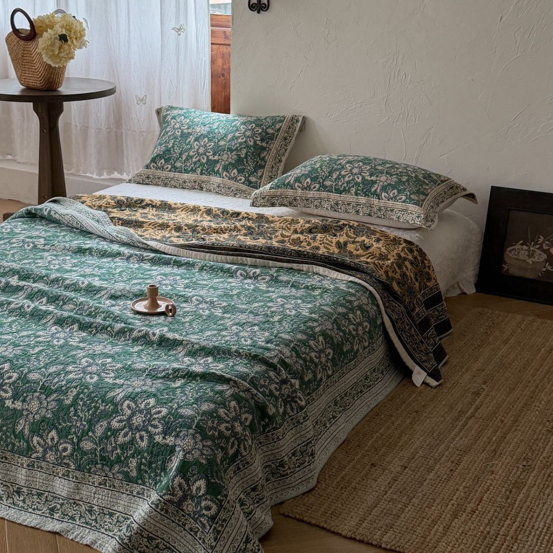 Handcrafted Floral Kantha-Style Cotton Quilt Bedspread with Matching Pillow Shams