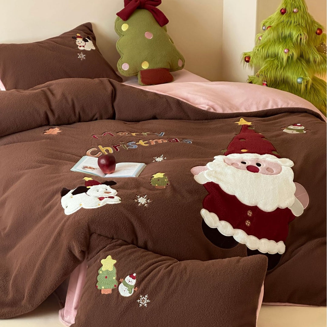 Christmas Plush Appliqué Fleece Duvet Cover Set with Reversible Lining