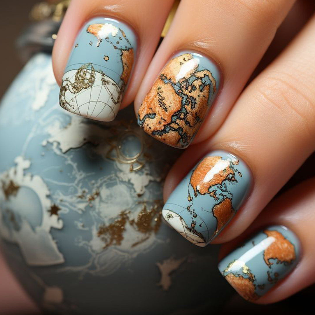 Creative artificial nails with world map inspired design Stornfield