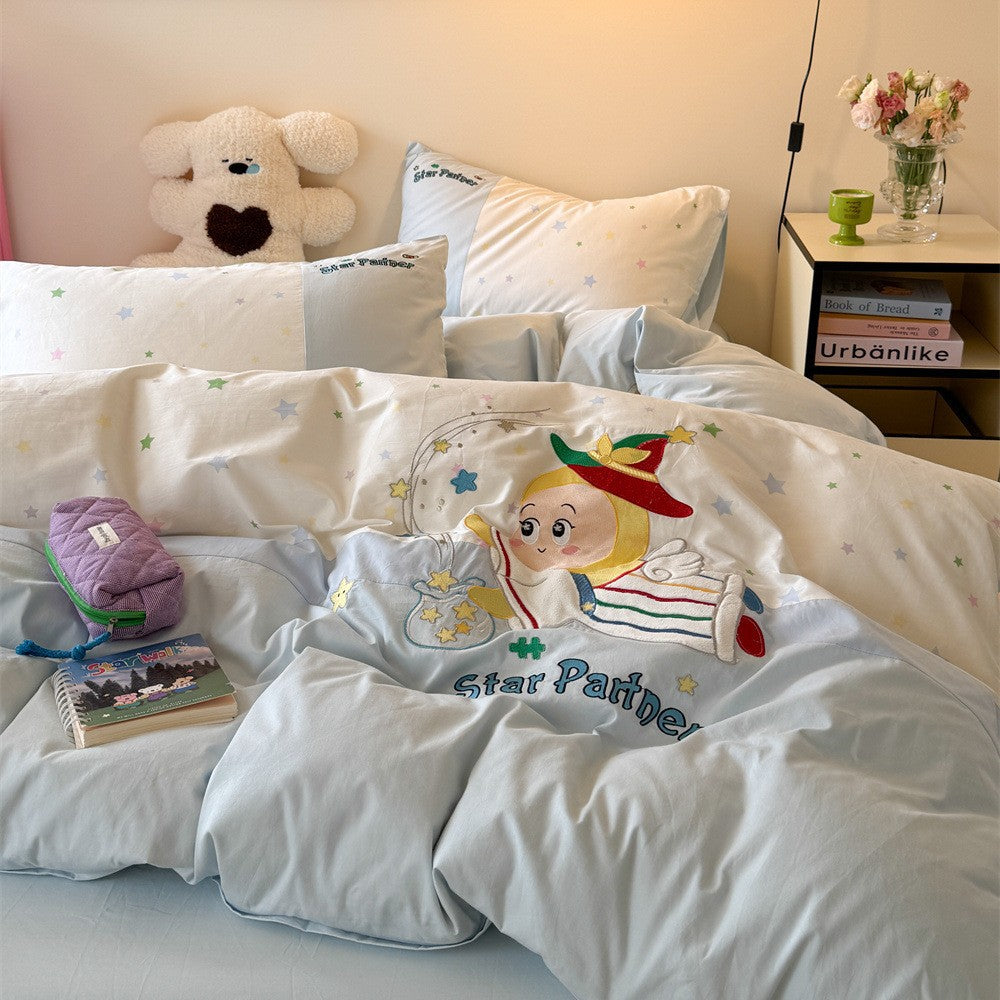 Children's Plush Embroidered Duvet Cover Set with Polka Dot Cotton Pillowcases