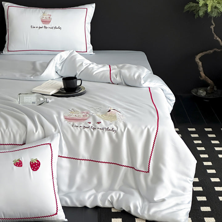 Silky Embroidered Rabbit-Motif Duvet Cover Set with Pillowcases