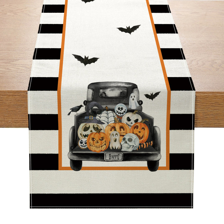 Halloween Cotton-Linen Table Runner with Sitting Cat and Pumpkin Illustration Decorative Border
