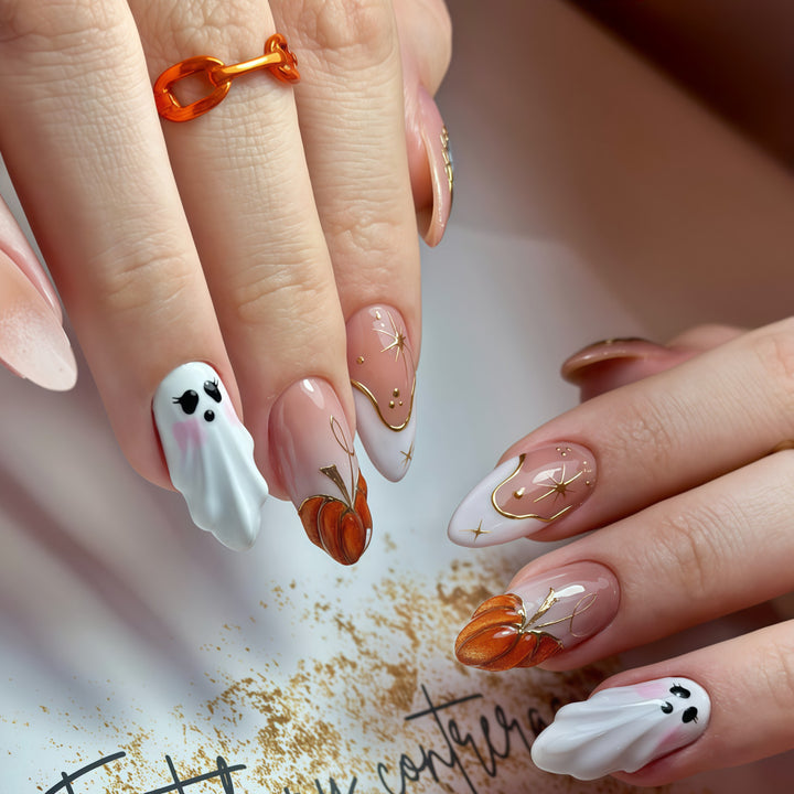 Creative artificial nails with autumn design and detailed accents Stornfield