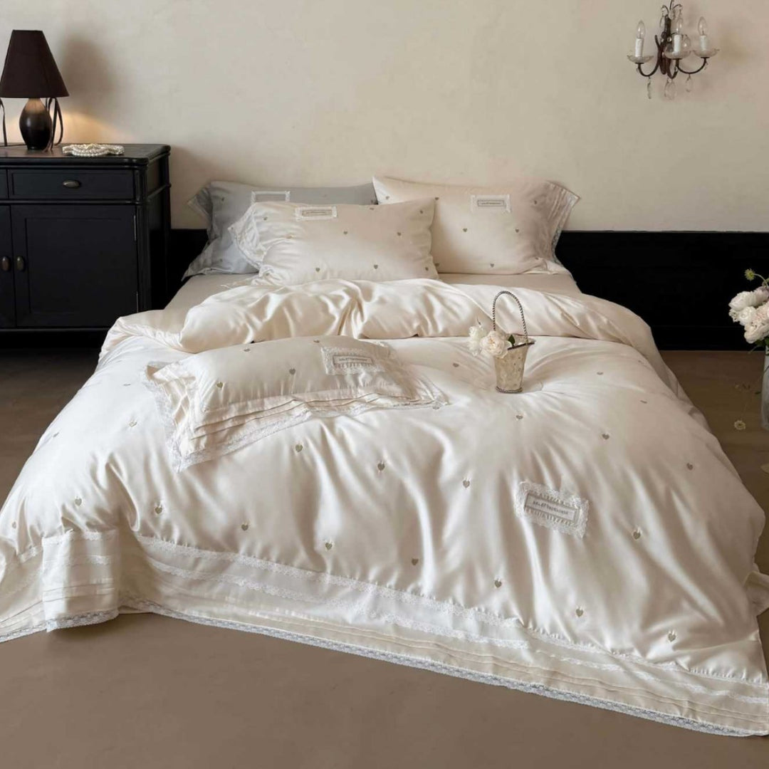 Luxury Embroidered Satin Duvet Cover Set with Lace Trim