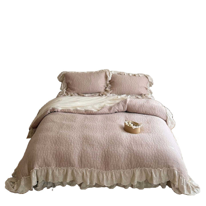 Quilted Ruffled Lace-Trim Bedspread & Reversible Duvet Cover Set with Matching Pillow Shams