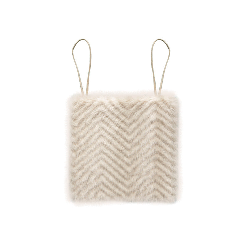 Small faux fur shoulder bag with square shape and narrow straps
