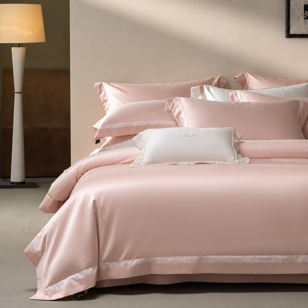 Luxury Two-Tone Cotton Sateen Duvet Cover Set with Double-Trim Border and Euro Shams