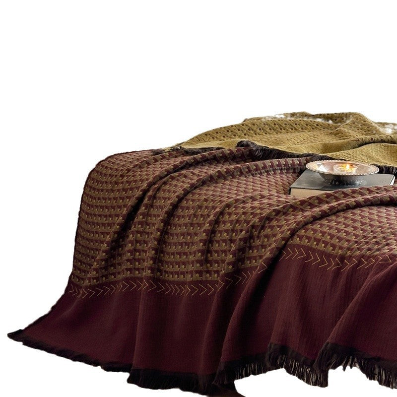 Woven Waffle-Texture Fringed Throw Blanket