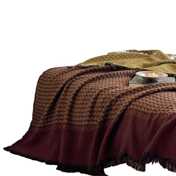 Woven Waffle-Texture Fringed Throw Blanket