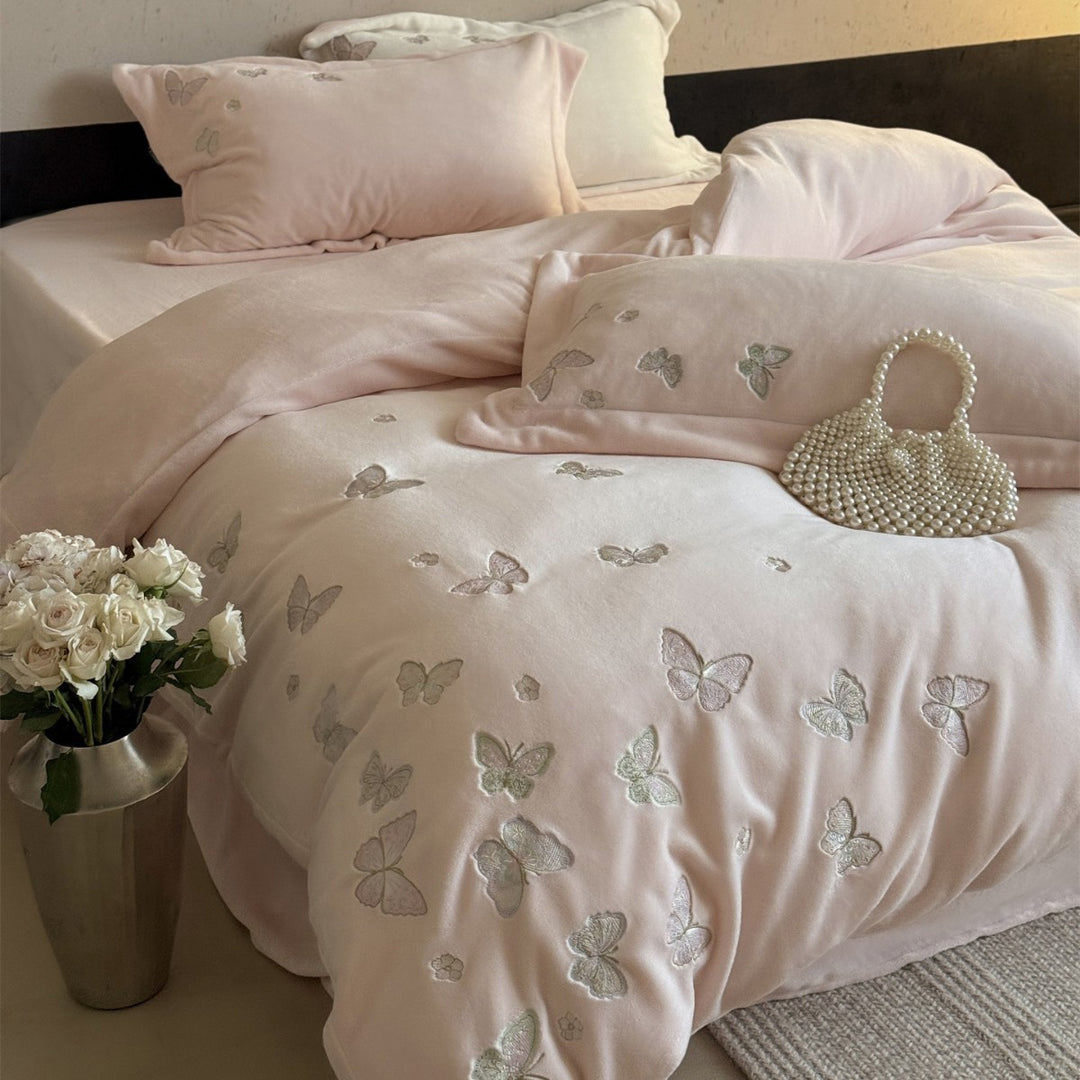 Embroidered Butterfly Plush Microfiber Duvet Cover Set