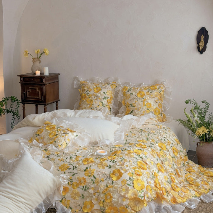 Embroidered Floral Organza Ruffle Duvet Cover Bedding Set