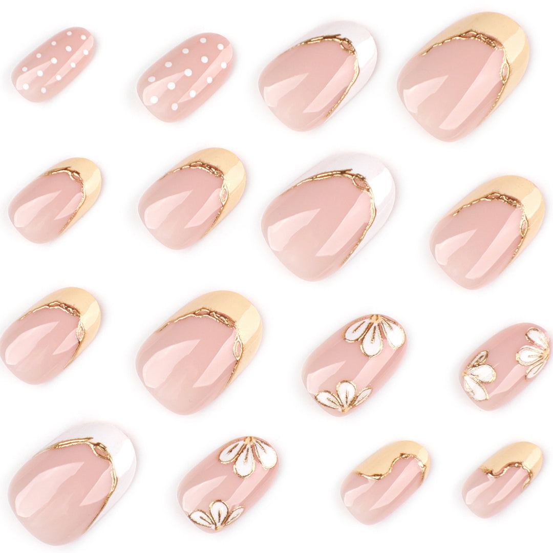 Artful Nail Extensions with Floral Design and Elegant Gold Accents Stornfield