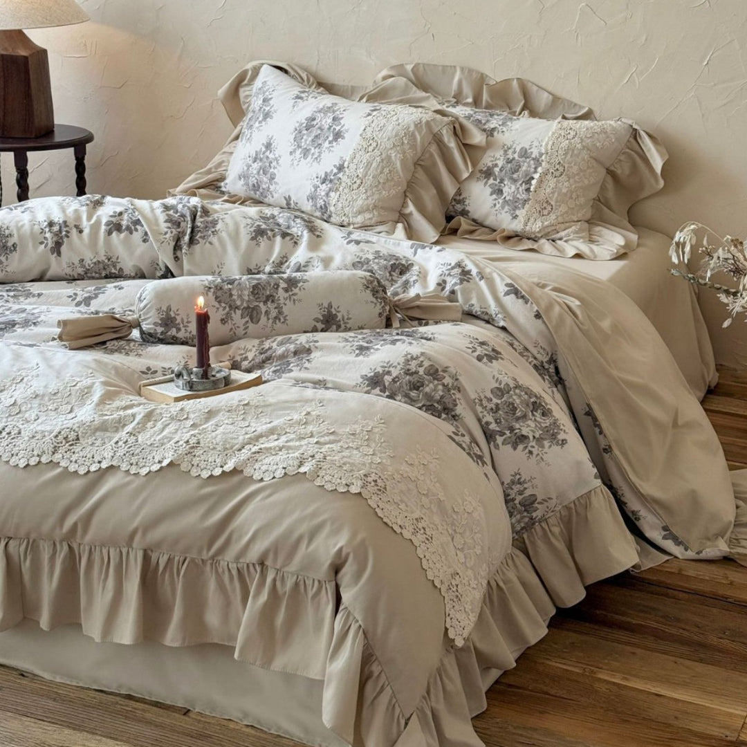 Luxury Floral Lace Ruffle Duvet Cover Set