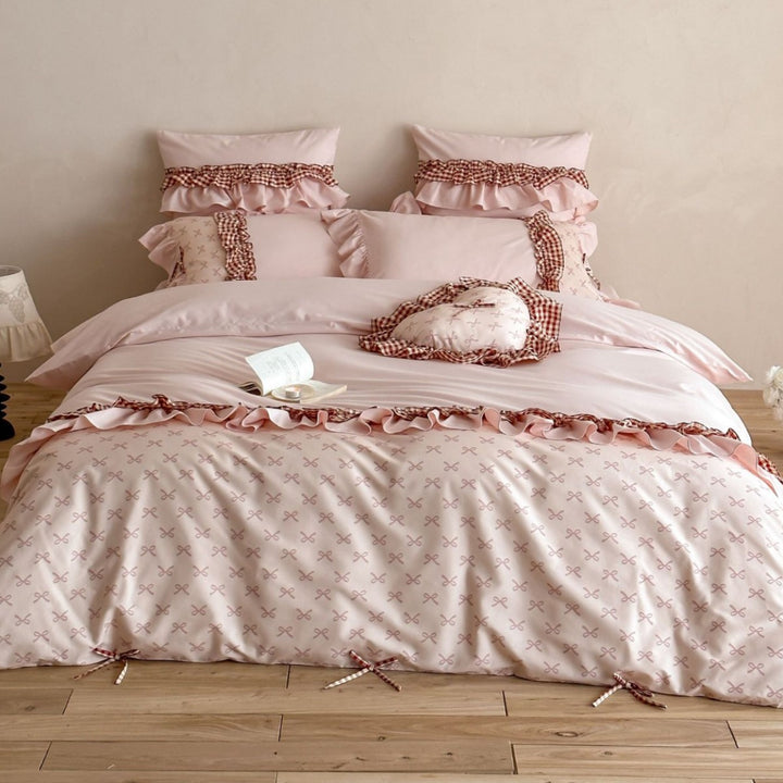 Ruffled Gingham Trim Cotton Percale Duvet Cover Set with Decorative Pillowcases