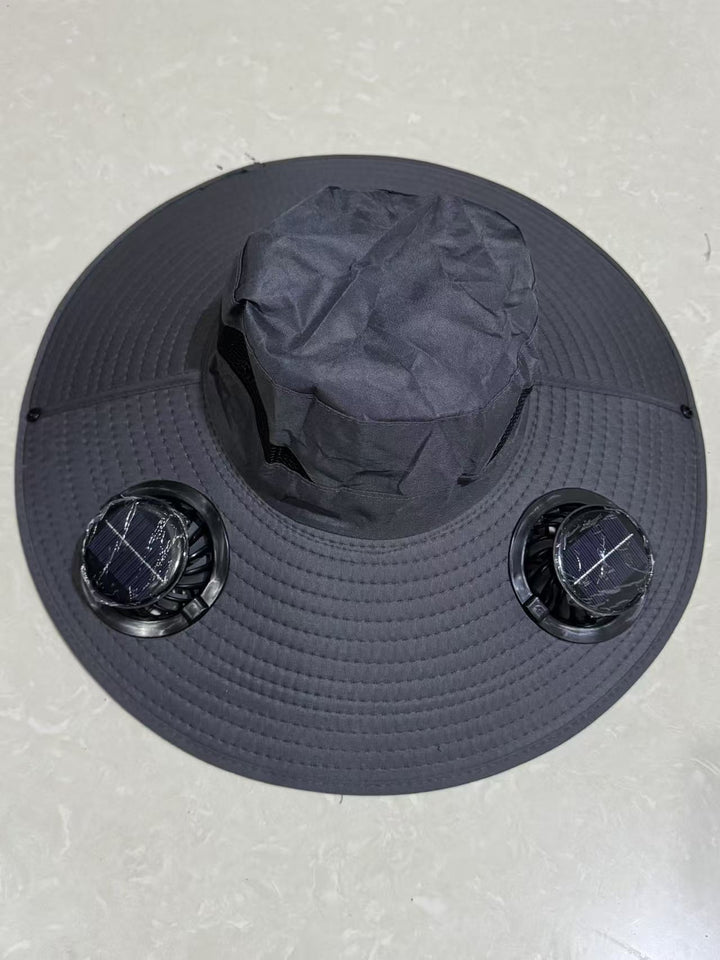 Ventilated sun hat with integrated battery fans, breathable mesh inserts, and adjustable chin strap Stornfield