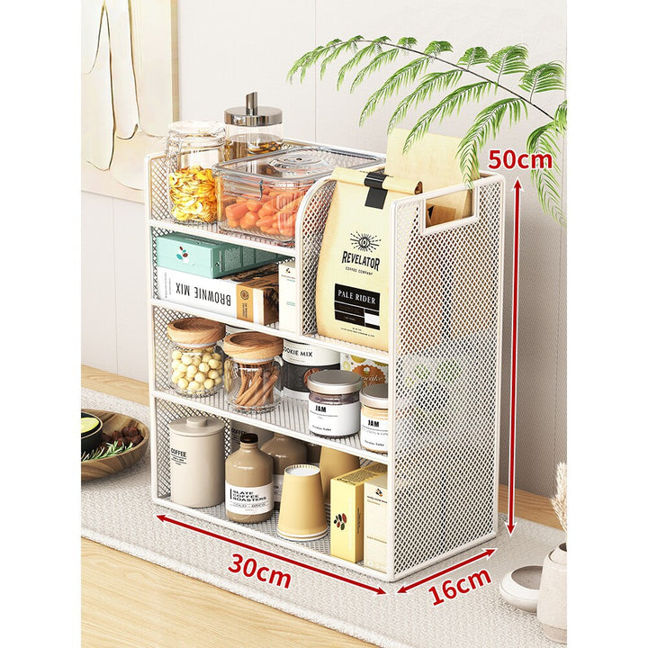 Metal Mesh Countertop Pantry Organizer with Multi-Tier Shelves and Vertical Bag Compartment