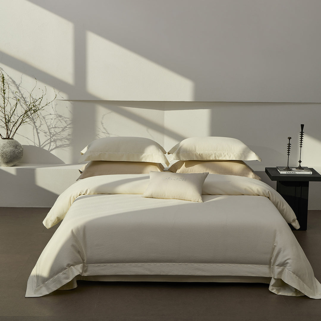 Textured Cotton Sateen Duvet Cover Set with Pillow Shams and Accent Cushion