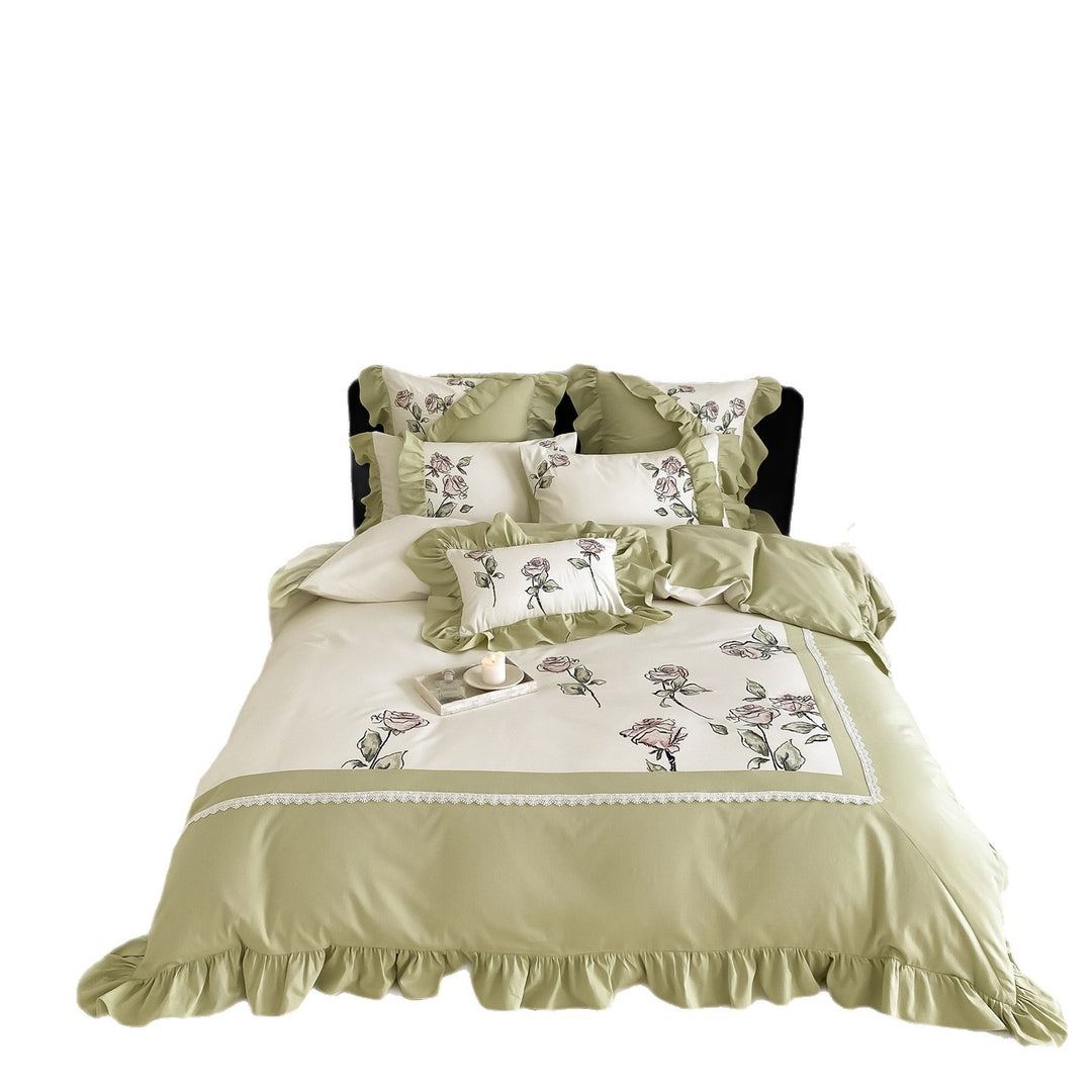 Botanical Hand-Sketched Rose Embroidery Duvet Cover Set with Ruffled Skirt & Lace Trim
