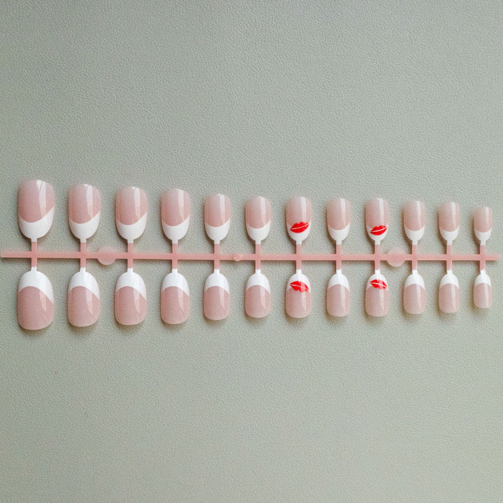 Artistic French Tip Nail Art Set with Kiss Design