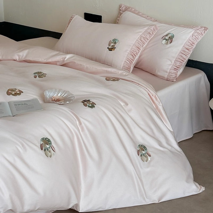 Silk-Feel Cotton Sateen Embroidered Bunny Duvet Cover Set
