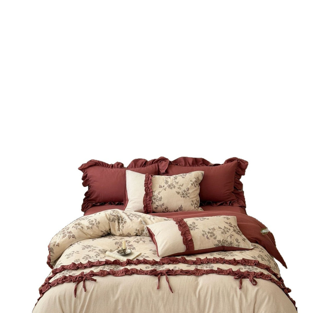Bedding set made of cotton-linen mix with ruffles, ties and botanical print