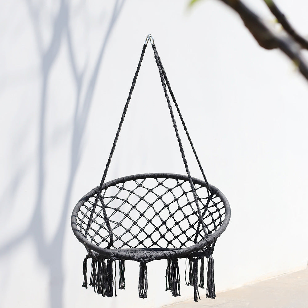 Macrame hanging chair with complete ceiling mounting kit and decorative tassel fringe Stornfield