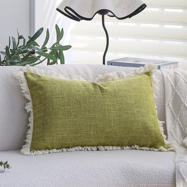 Square decorative pillow cover made of cotton blend with relief rectangular tufts and fringed edge Stornfield