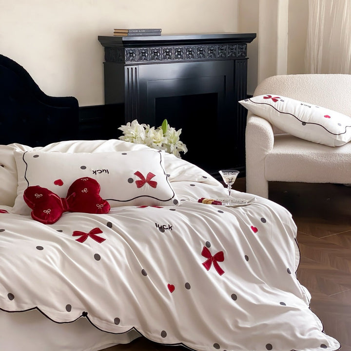 Decorative Cotton-Sateen Duvet Cover Set with Embroidered Bow & Polka Dot Motif