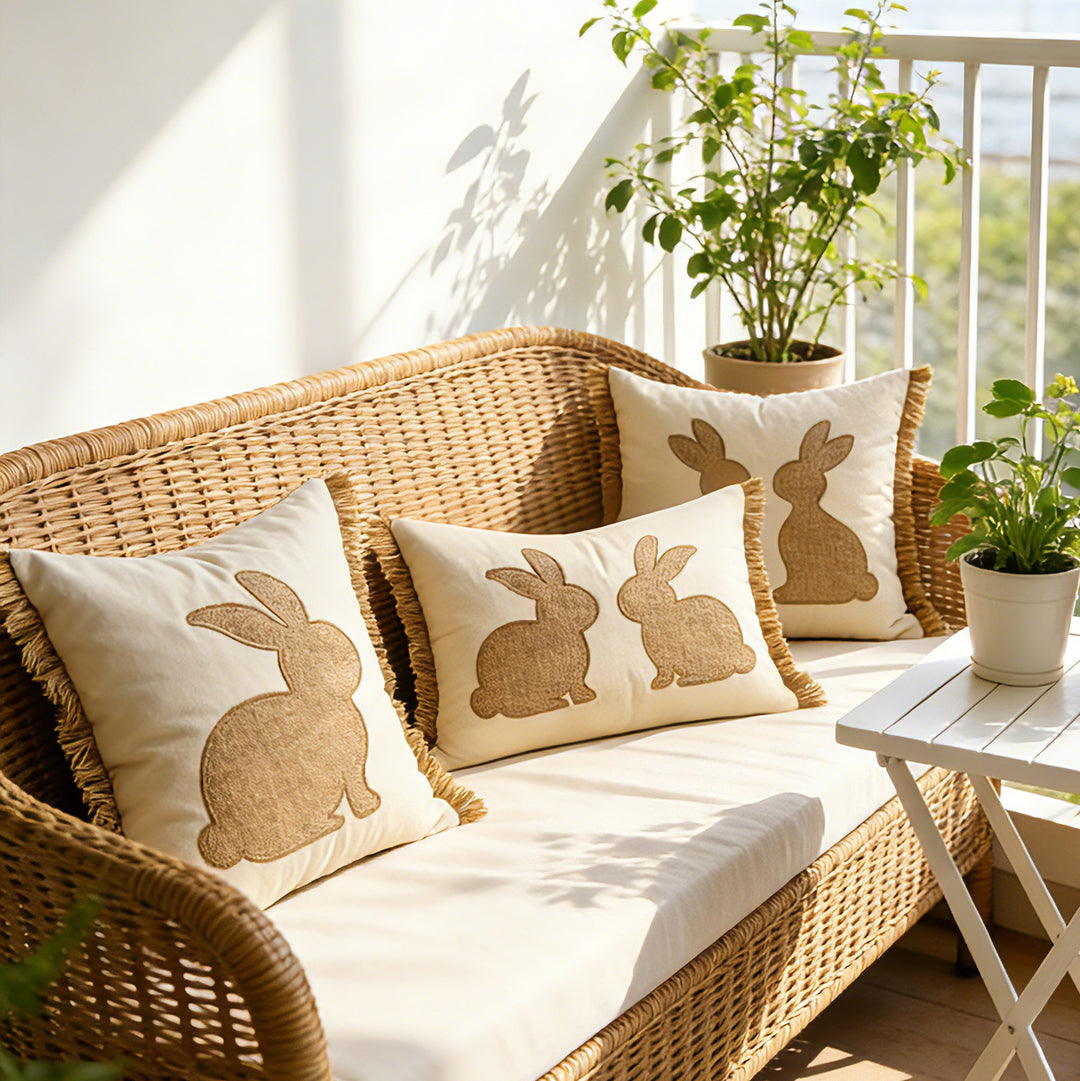 Tufted Bunny Appliqué Lumbar Throw Pillow Cover with Pom-Pom Tail
