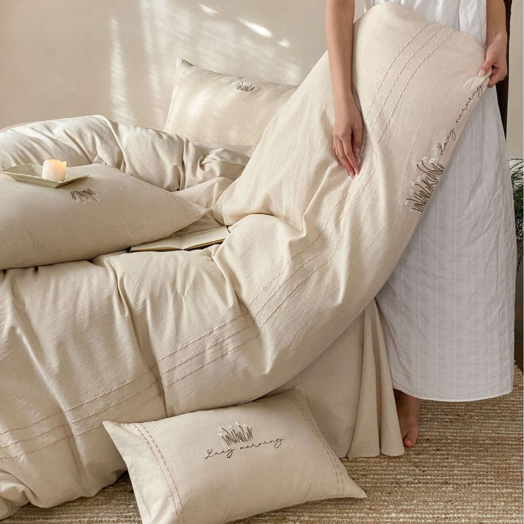 Stonewashed Organic Cotton Duvet Cover Set with Embroidered Pillow Shams and Pintuck Detail