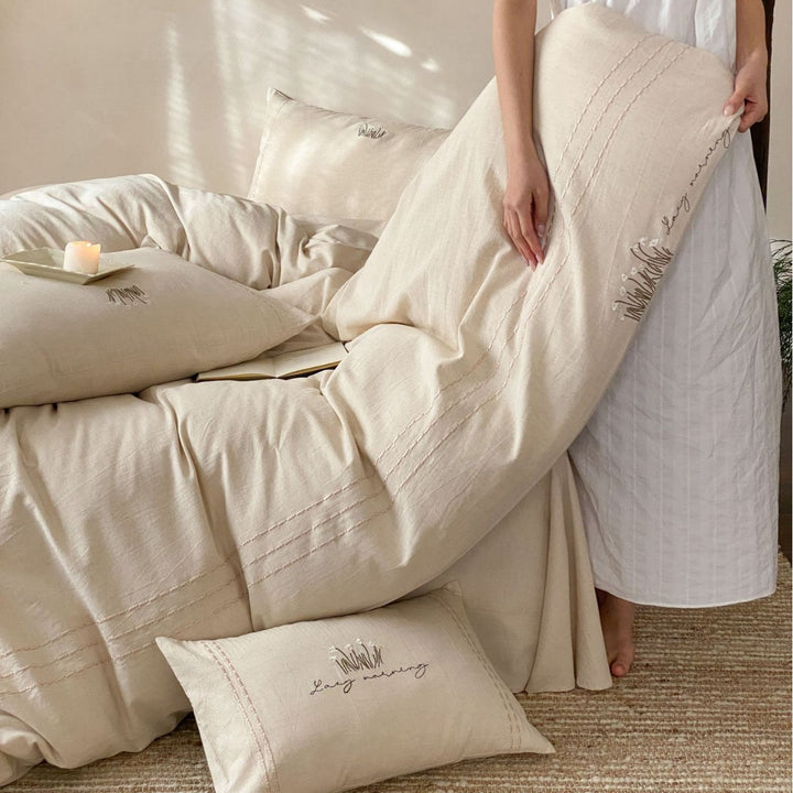 Stonewashed Organic Cotton Duvet Cover Set with Embroidered Pillow Shams and Pintuck Detail