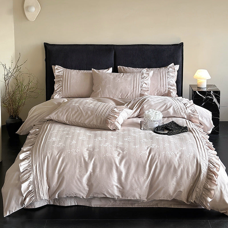 Bedding set with frill and fine jacquard texture