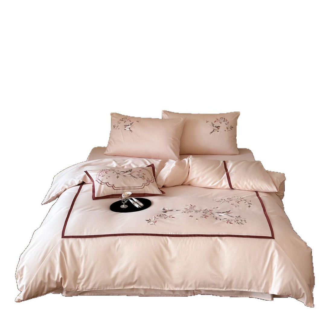Embroidered Bird and Floral Cotton Sateen Duvet Cover Set with Piped Border and Decorative Sham