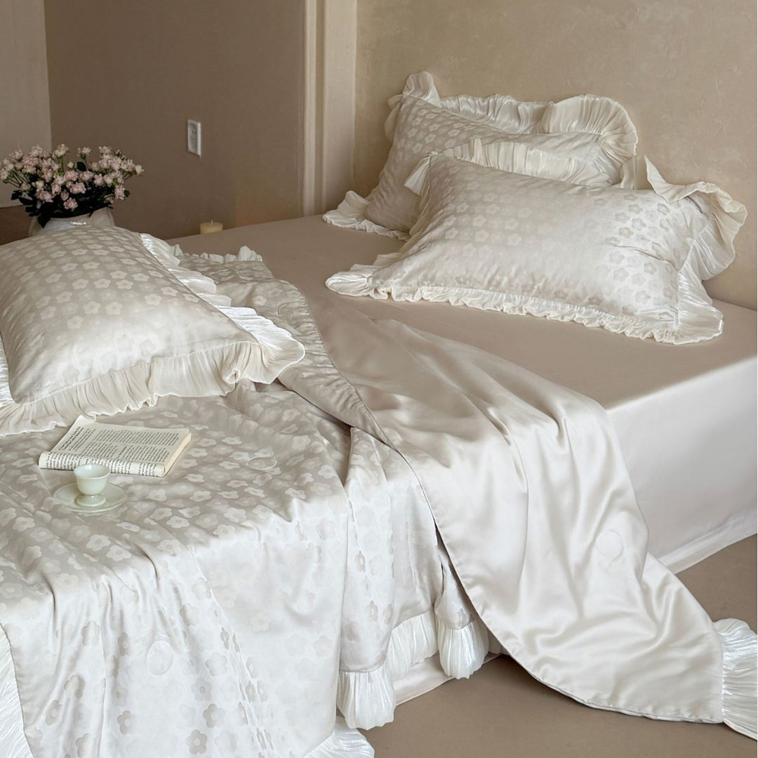 Satin comforter set with pleated ruffles and fine jacquard floral texture
