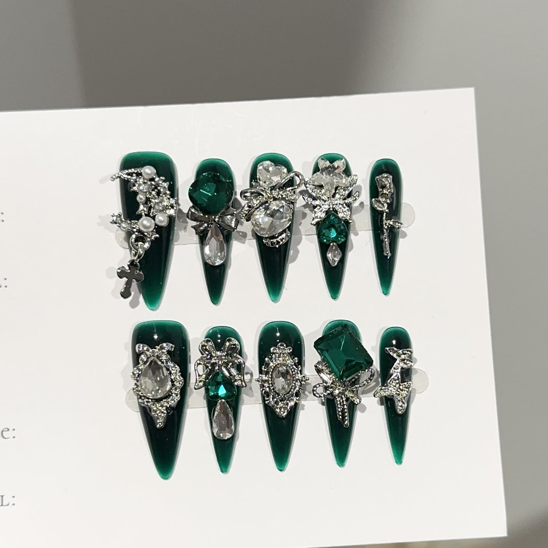 Elegant Gemstone-Embellished Press-On Nails