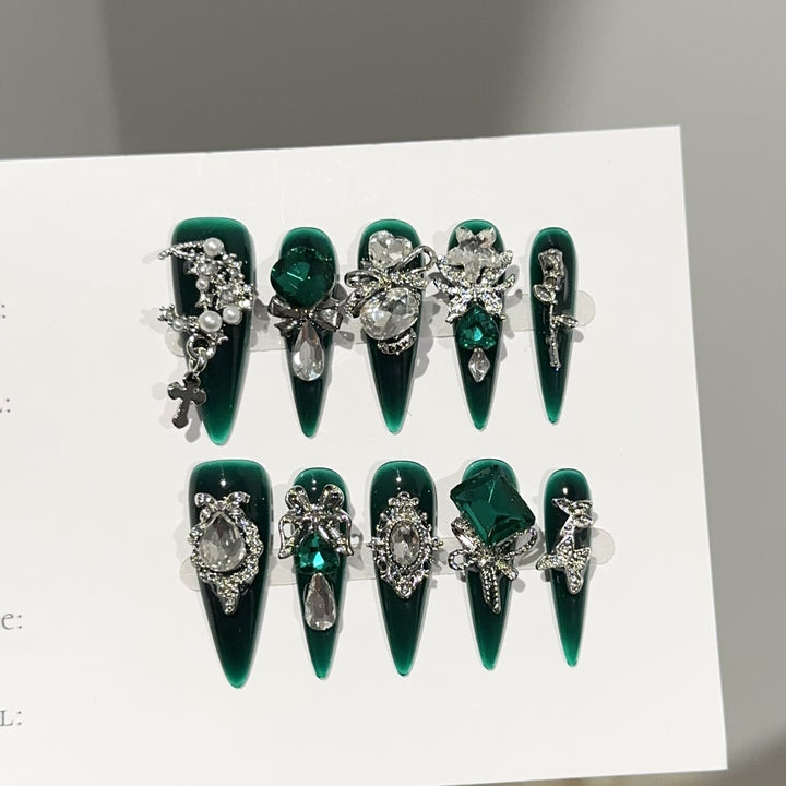 Elegant Gemstone-Embellished Press-On Nails