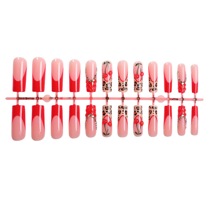 Artistic Press-On Nail Set with Cherry and Animal Prints Stornfield