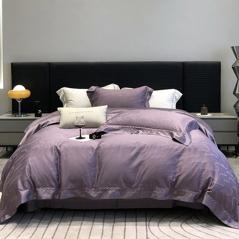 Premium cotton satin bedding set with fine jacquard floral texture and piped border