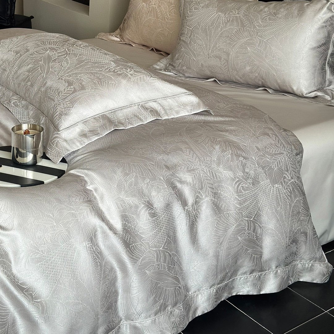 Satin-Jacquard Botanical Duvet Cover Ensemble
