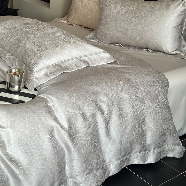 Satin-Jacquard Botanical Duvet Cover Ensemble