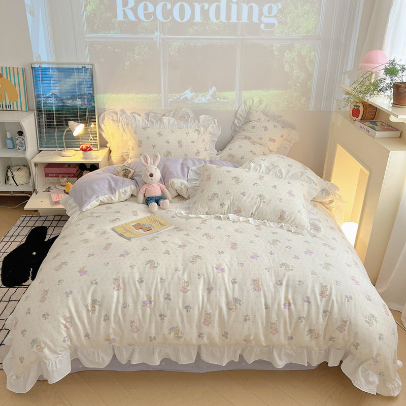 Frilled-Edge Pastel Storybook Print Cotton Duvet Cover and Sham Set